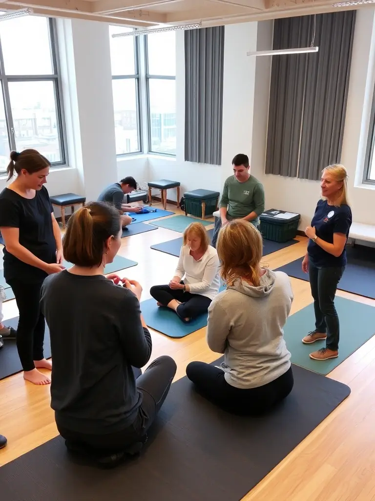 A dynamic image of practitioners actively participating in a NeuroKinetic Therapy workshop, demonstrating hands-on assessment techniques.