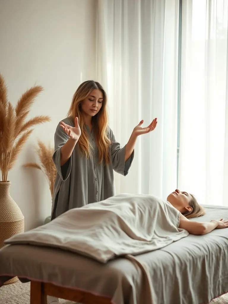 A serene image of a practitioner using adaptable polarity techniques to promote relaxation and balance in a client.