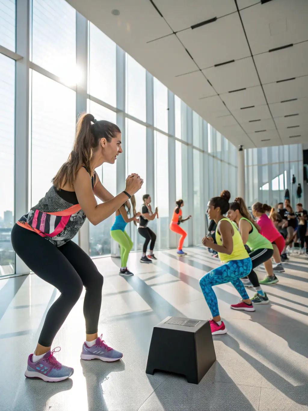 A professional image of a fitness instructor confidently leading a group exercise session after completing an IFR course.