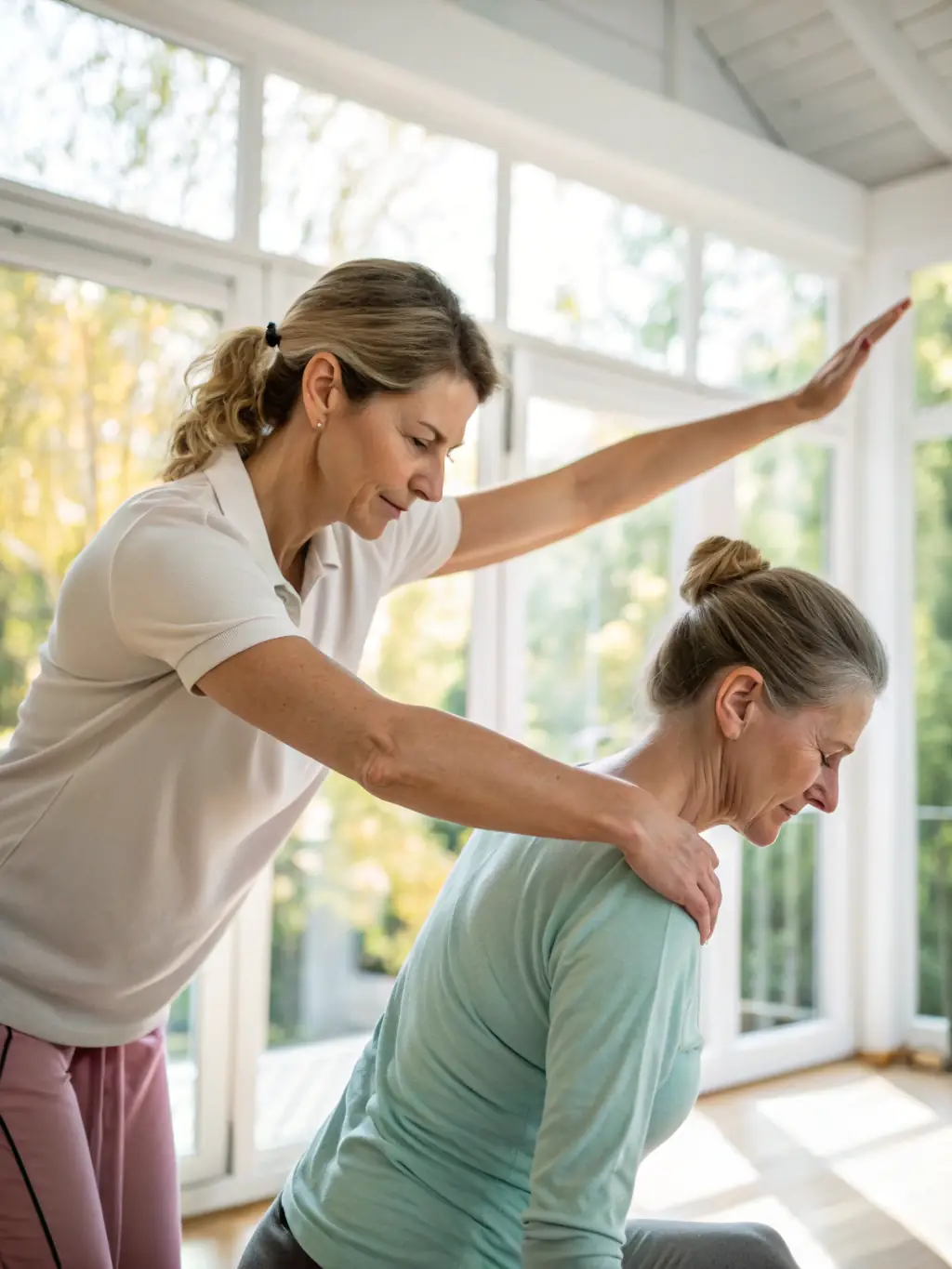 A focused image of a therapist successfully applying EnerScle Technique on a client, showcasing improved posture and ease of movement.